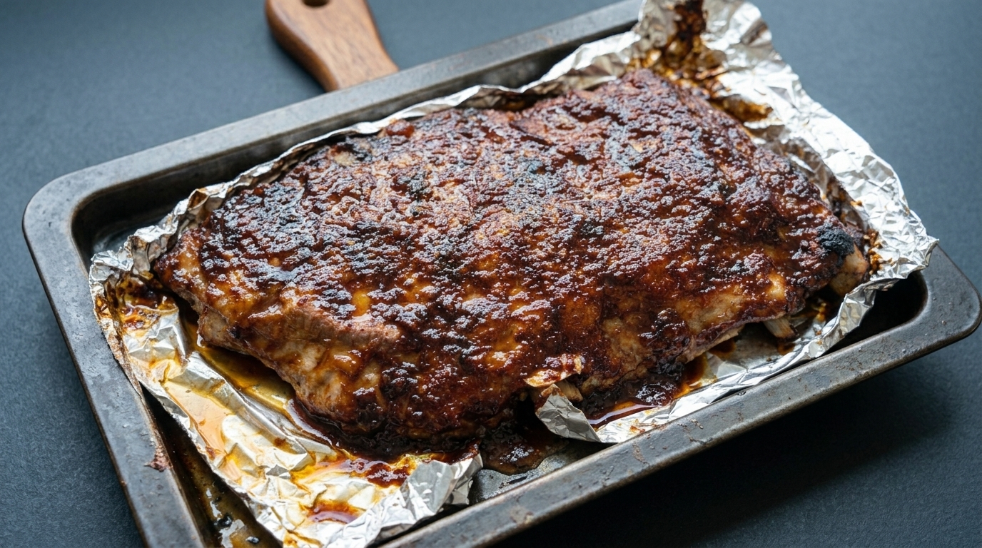Un costillar completo de cerdo con glaseado de barbacoa brillante y caramelizado sobre papel de aluminio.