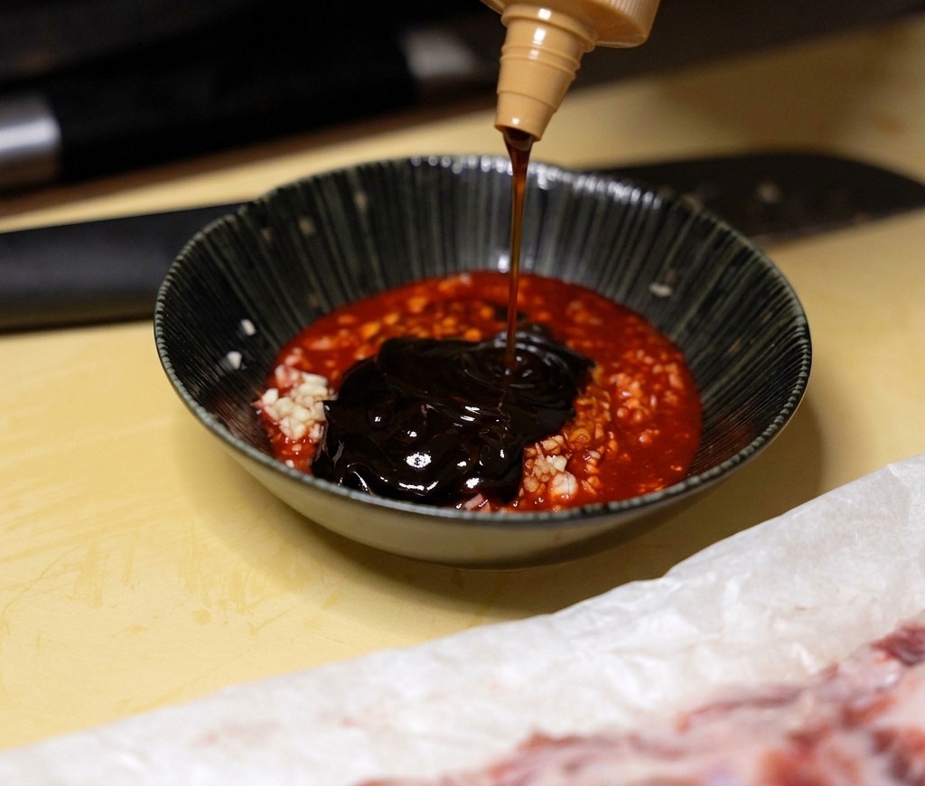 Pasta oscura chu hou siendo vertida en un bol que contiene la base de marinado rojo y ajo.