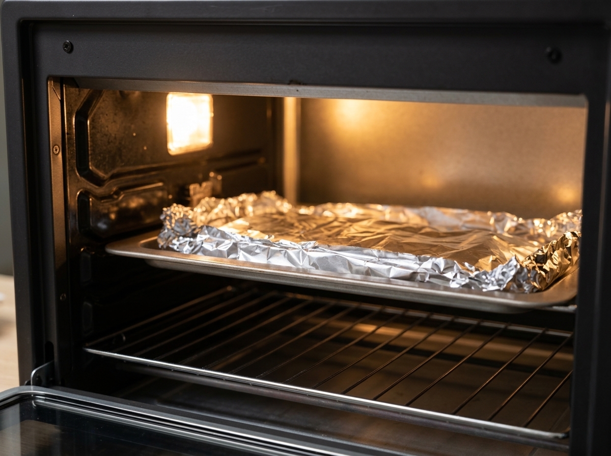 Una bandeja de horno con el paquete de aluminio colocada dentro de un horno caliente.