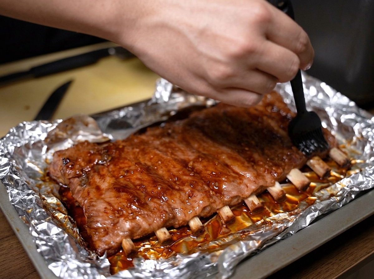Una mano usando un pincel de silicona negro para untar un glaseado de miel brillante sobre las costillas de cerdo asadas.