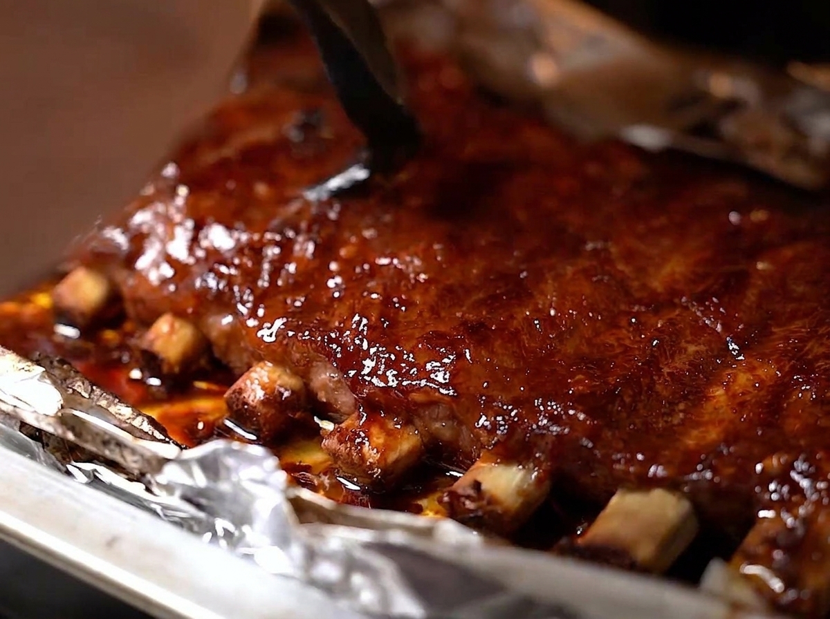 Vista de cerca de un pincel de silicona extendiendo una capa brillante de miel sobre un costillar asado y caramelizado.