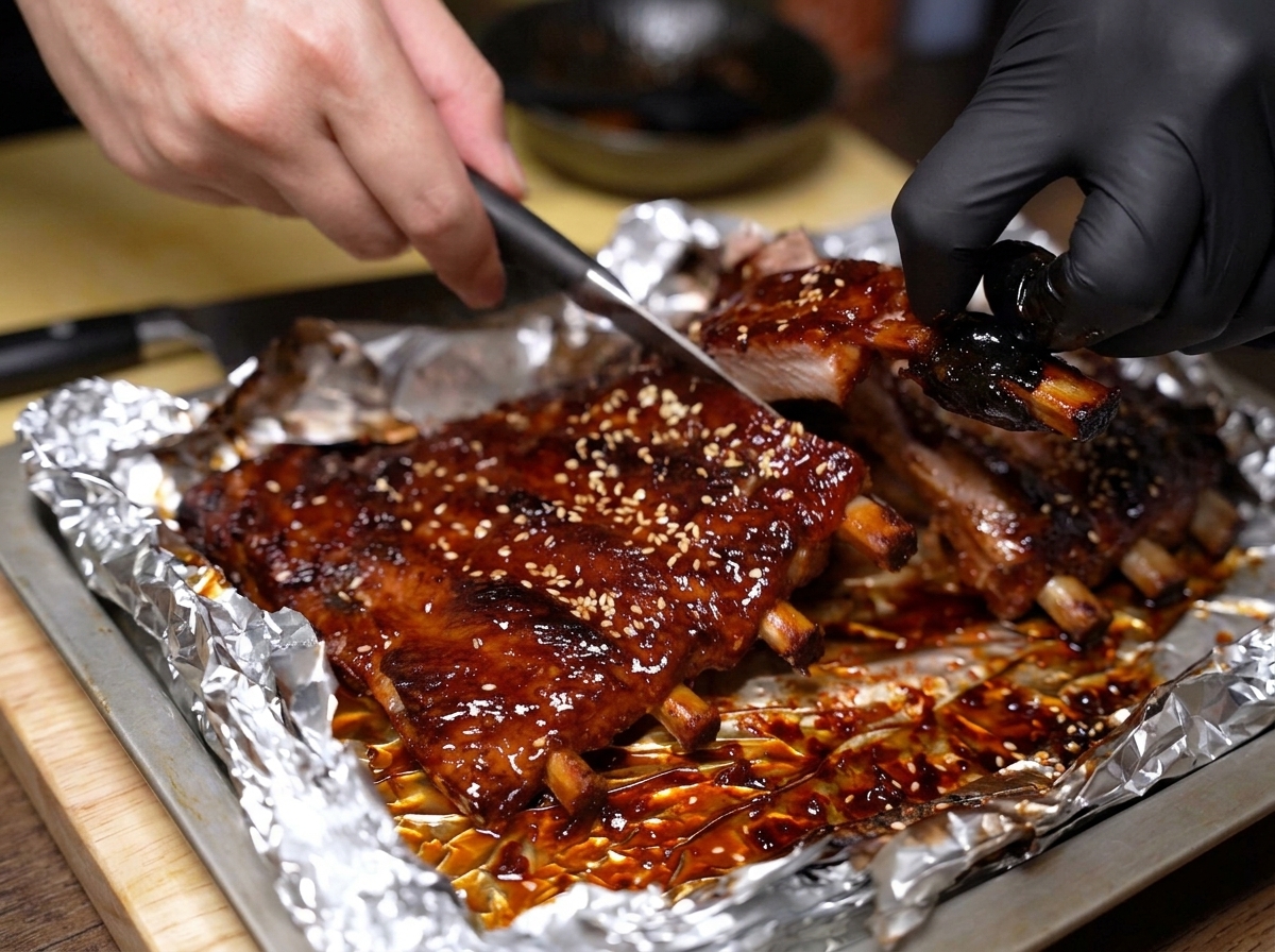Manos usando un cuchillo afilado para cortar un costillar glaseado en piezas individuales.