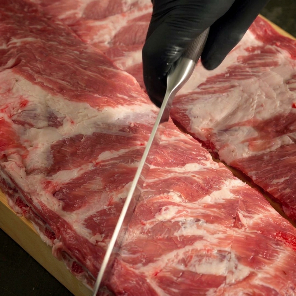 Una mano con guante usando un cuchillo para marcar la superficie de las costillas de cerdo crudas sobre una tabla de madera.