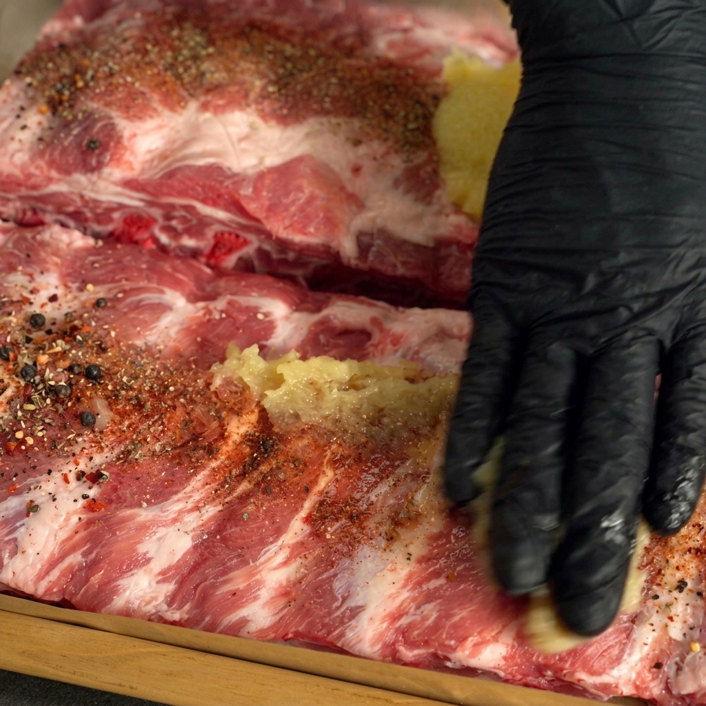 Una mano con guante negro masajeando el ajo picado y las especias en un costillar de cerdo crudo.