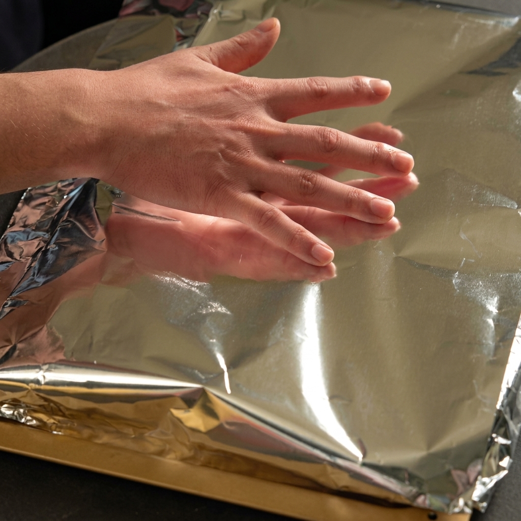 Dos manos doblando una hoja grande de papel de aluminio sobre un costillar de cerdo sazonado.