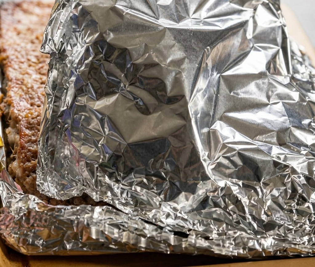 Una mano abriendo el papel de aluminio para mostrar costillas de cerdo parcialmente cocinadas y jugosas en una bandeja.