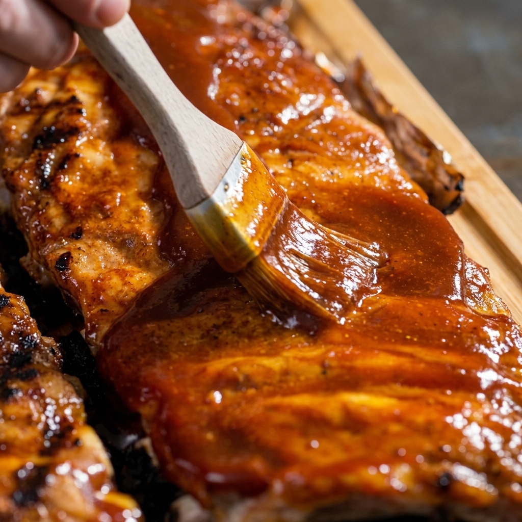Un pincel de cocina extendiendo un glaseado BBQ brillante sobre la superficie de las costillas cocinadas.