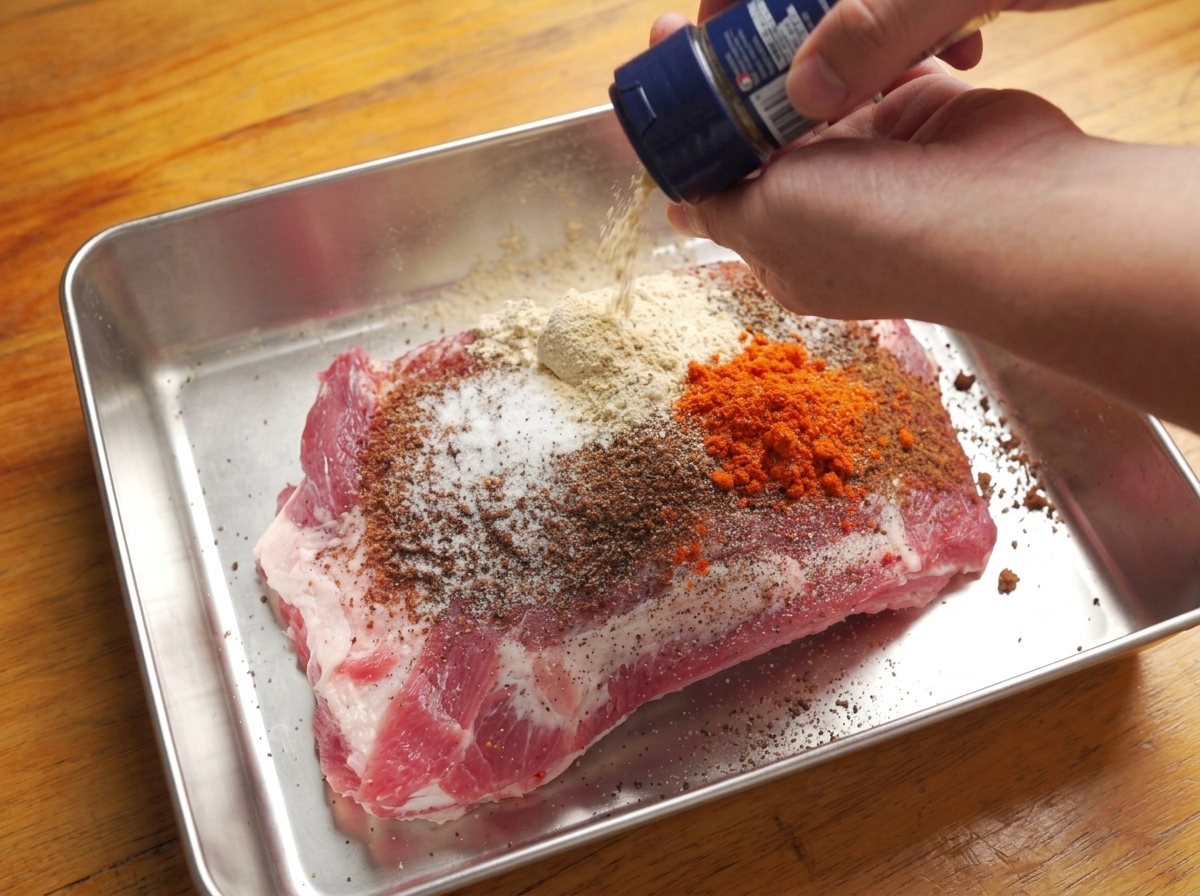 Manos espolvoreando especias secas y mostaza en polvo sobre un costillar de cerdo crudo en una bandeja de metal.