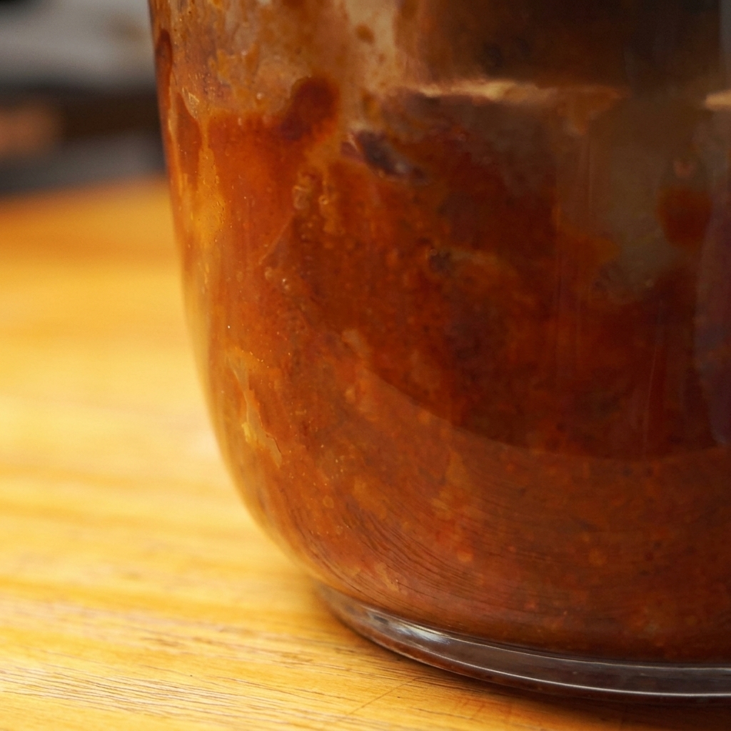 Salsa barbacoa de manzana triturada, espesa y roja dentro de un recipiente de licuadora transparente.