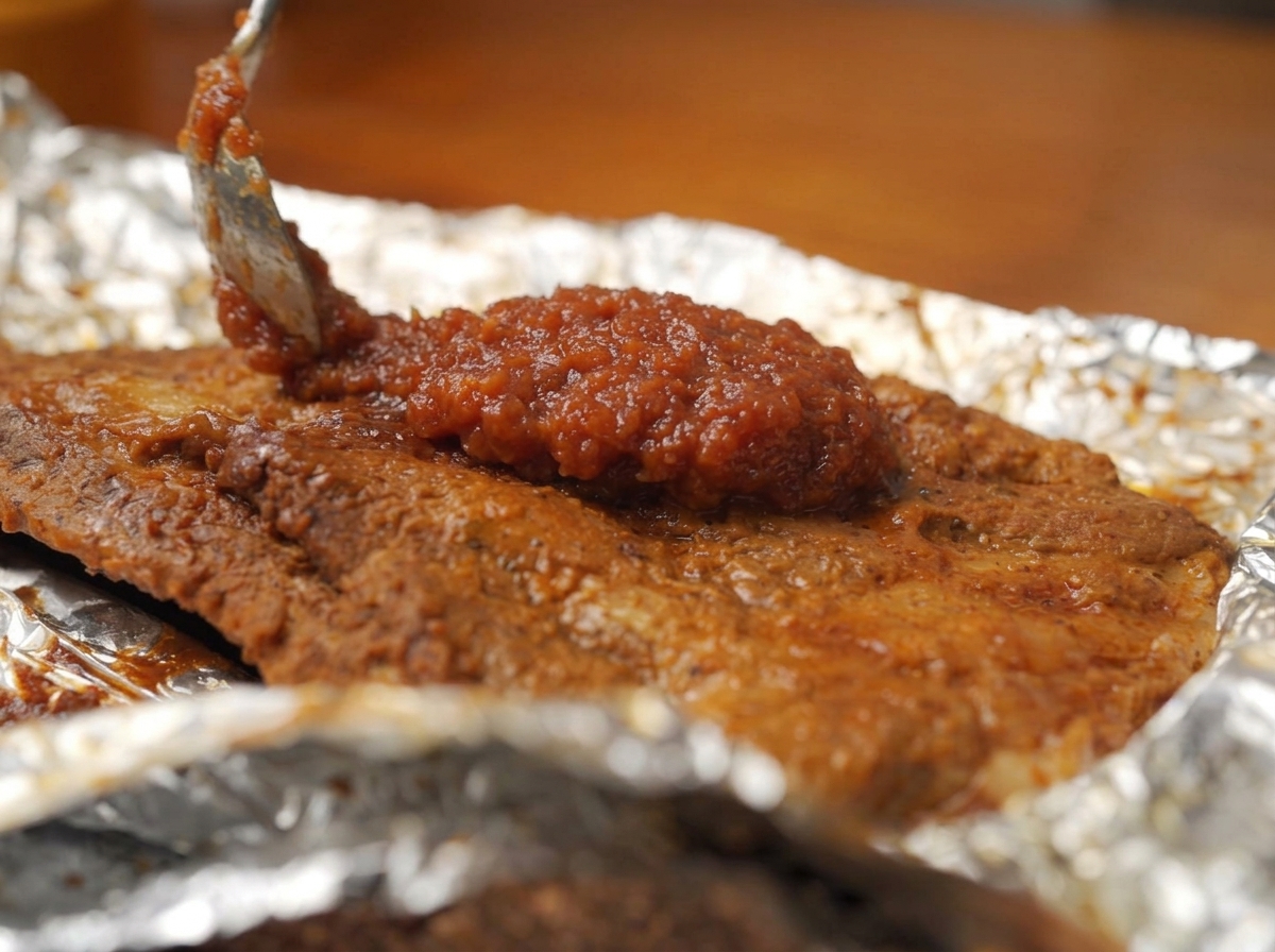 Una cuchara metálica sirviendo una espesa salsa barbacoa de manzana roja sobre costillas baby back parcialmente asadas en papel de aluminio.
