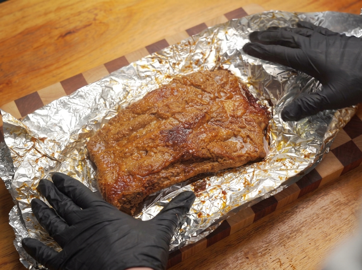 Manos con guantes manipulando cuidadosamente costillas envueltas en aluminio cubiertas con una rica salsa barbacoa de manzana roja.