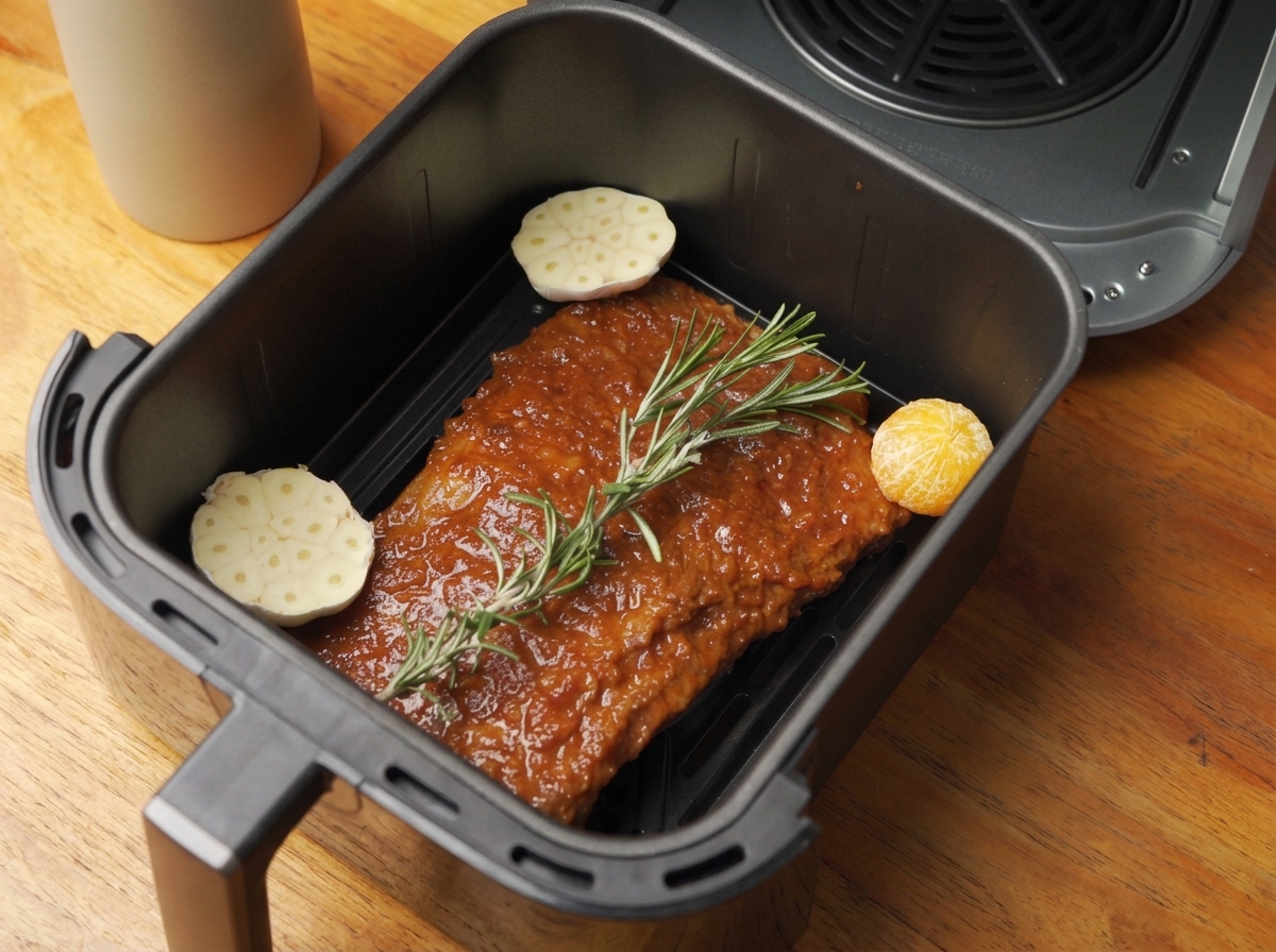 Costillas cubiertas de salsa reposando en una canasta negra de freidora de aire, decoradas con ramitas de romero fresco, rodajas de raíz de loto y media naranja.