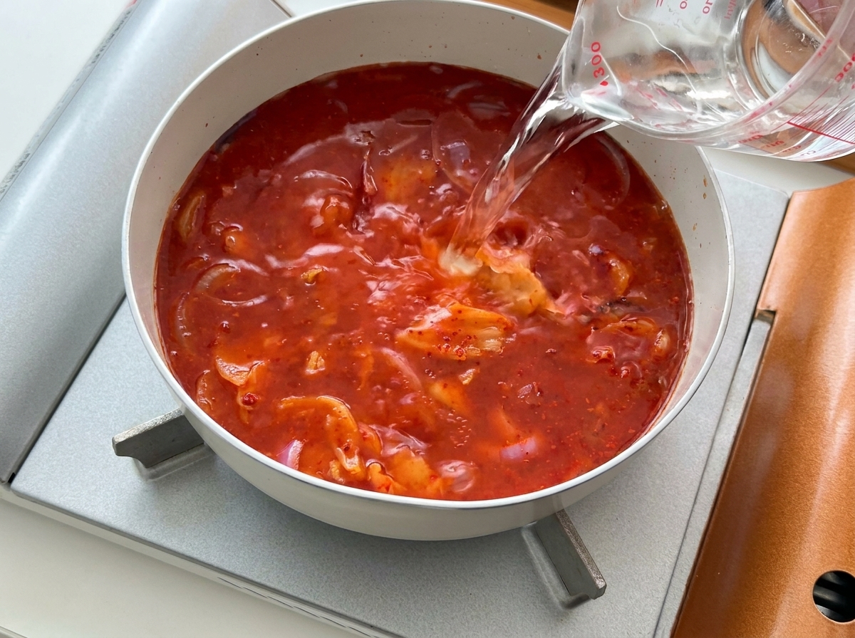 Agua clara vertiéndose desde una jarra medidora a una sartén con caldo rojo picante, cebollas y kimchi.