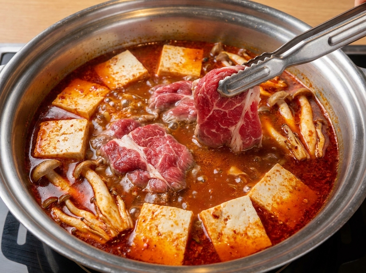 Unas pinzas de metal colocando finas rodajas de carne cruda en una olla caliente burbujeante llena de caldo rojo, tofu y setas.