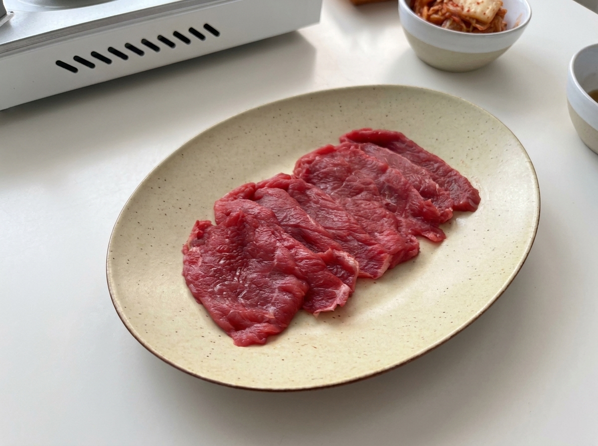 Carne cruda en rodajas finas dispuesta cuidadosamente en un plato de cerámica ovalado.