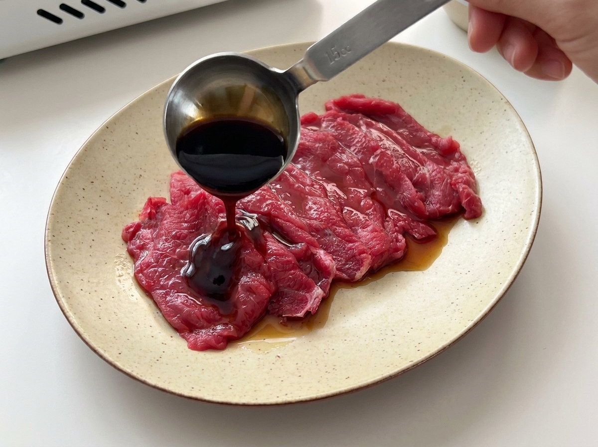 Una cuchara medidora de metal vertiendo salsa de soja oscura y salsa de ostras sobre rodajas de carne cruda en un plato.