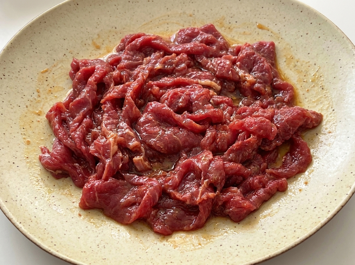 Rodajas de carne cruda completamente cubiertas con un glaseado oscuro de salsa de soja, salsa de ostras y maicena.