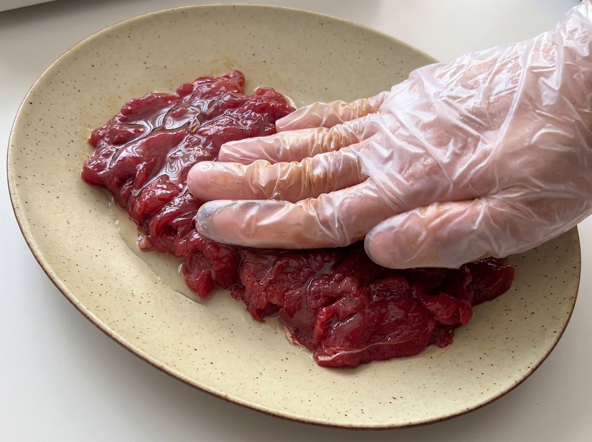 Una mano con un guante de plástico transparente presionando rodajas de carne cruda marinada contra un plato de cerámica.