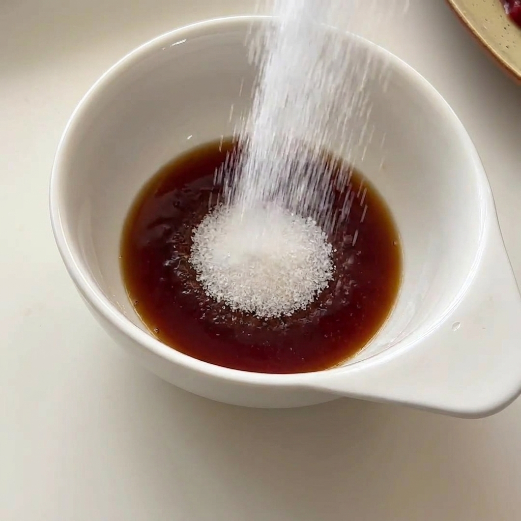 Azúcar blanco vertiéndose en gran cantidad en un tazón blanco pequeño que contiene salsa de soja oscura.