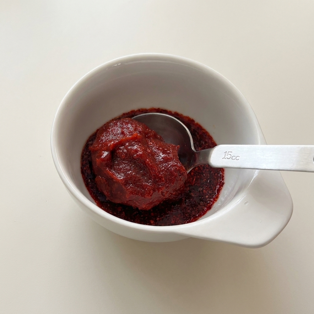 Una cuchara medidora de metal sosteniendo una porción de pasta de chile coreana espesa y de color rojo oscuro sobre un tazón blanco.