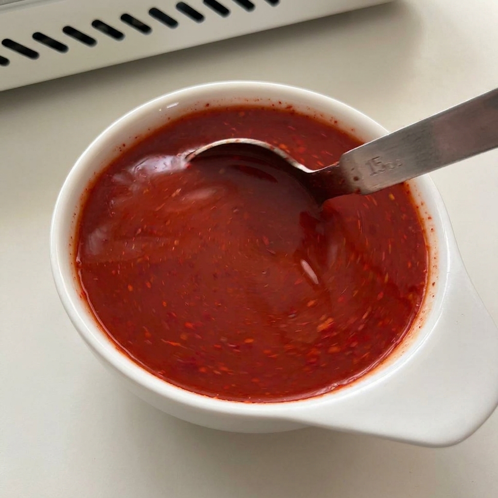 Una salsa de chile rojo brillante siendo removida uniformemente con una cuchara de metal en un tazón blanco.