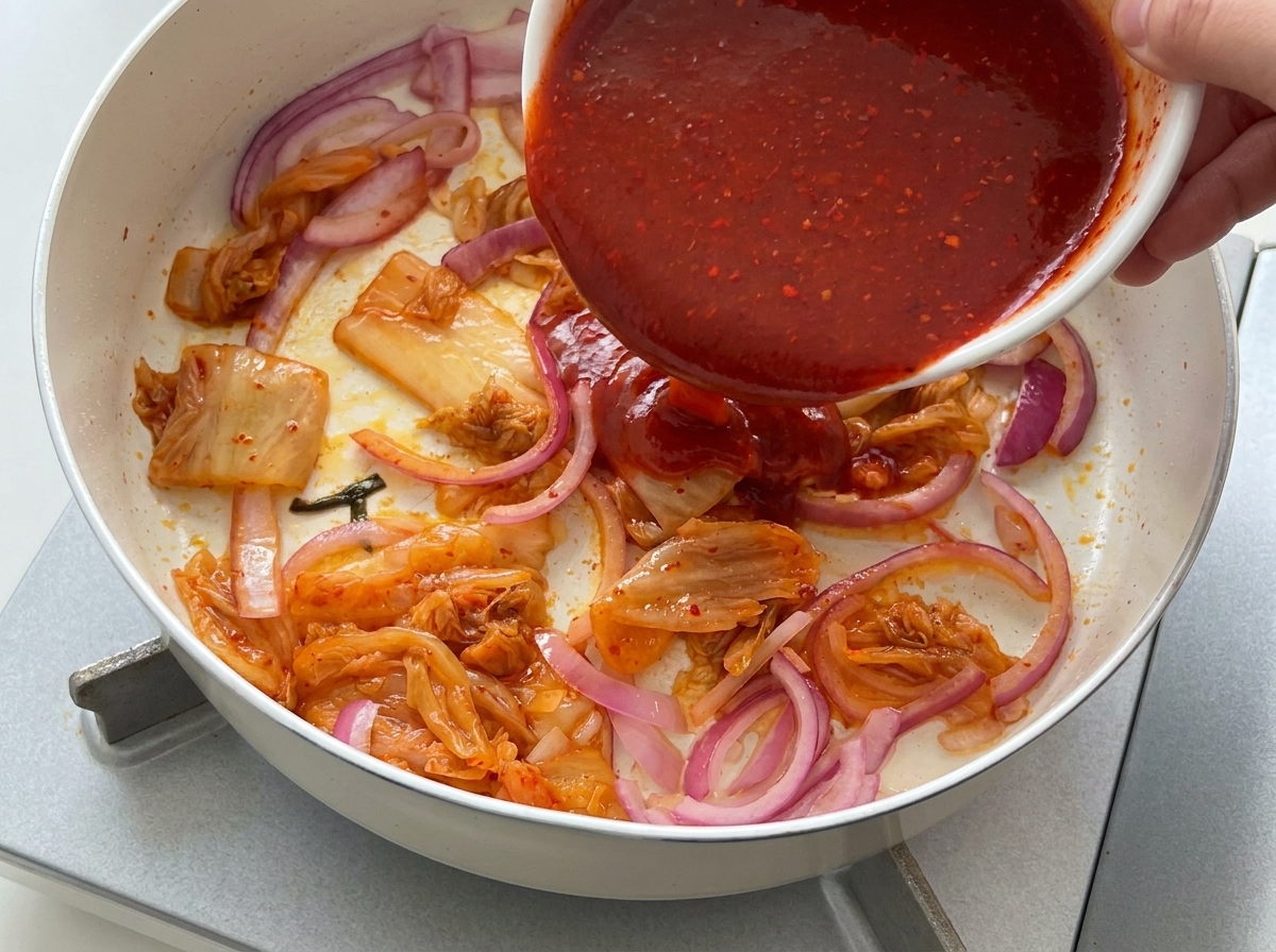 Salsa de chile rojo brillante vertiéndose desde un tazón blanco sobre una mezcla de cebollas sofritas y kimchi en una sartén.