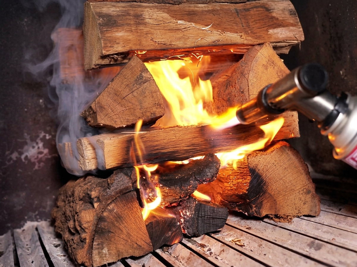 Un soplete encendiendo una pila de leños de madera dentro de la caja de fuego de un ahumador