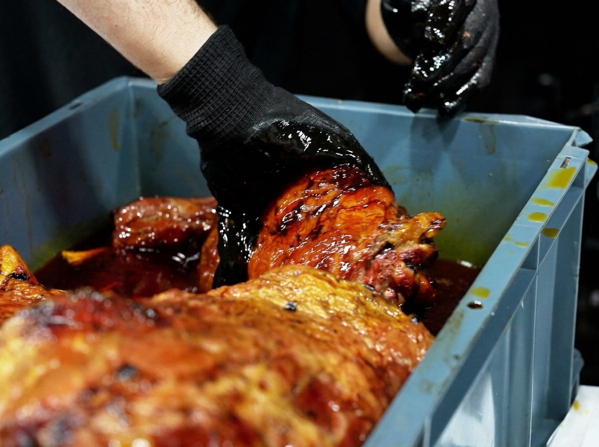 Manos con guantes colocando carne ahumada en un recipiente con marinada oscura