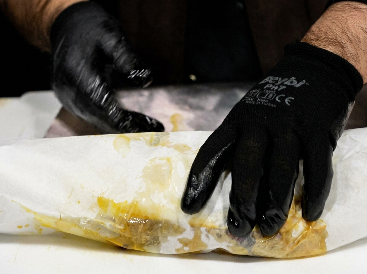 Manos con guantes envolviendo apretadamente papel de carnicero sobre carne marinada