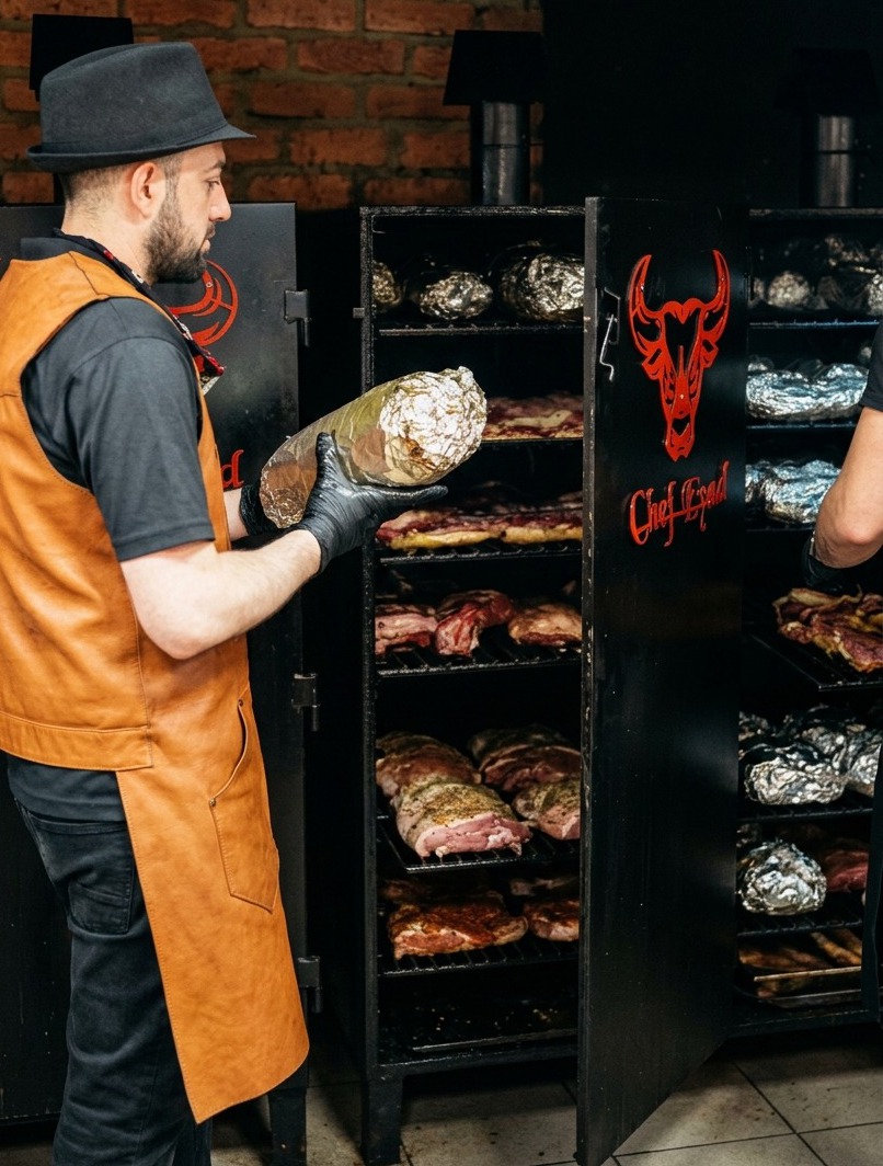 Chef con delantal de cuero colocando carne envuelta en aluminio dentro de un ahumador comercial