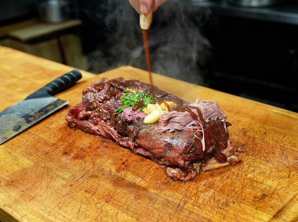 Brisket ahumado con ajos asados y hierbas siendo rociado con una salsa oscura