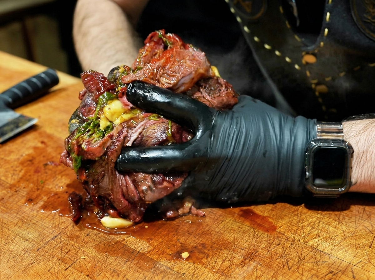 Manos con guantes desmenuzando un brisket muy tierno mezclado con ajo y hierbas en una tabla de madera