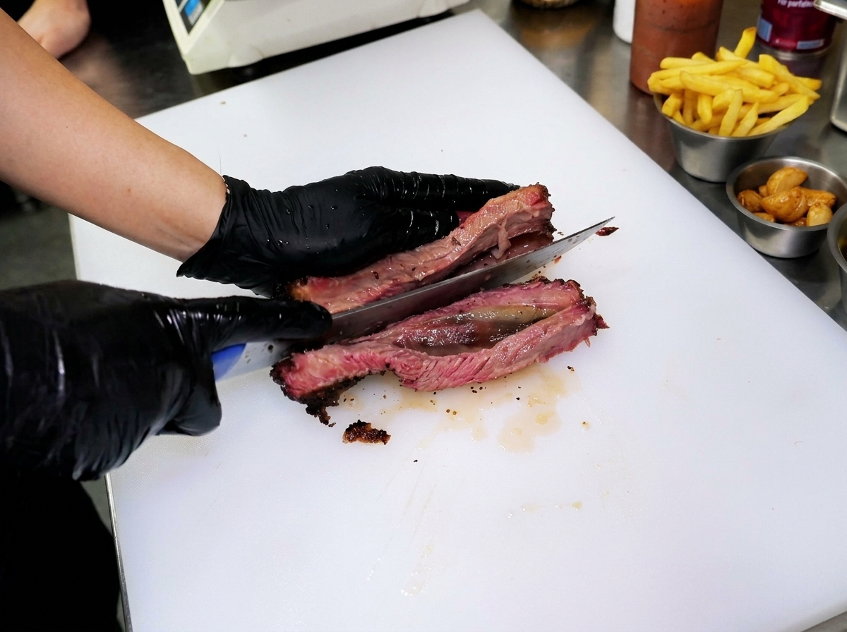 Cortando una costilla de res ahumada en una tabla blanca, mostrando el interior rosado perfecto