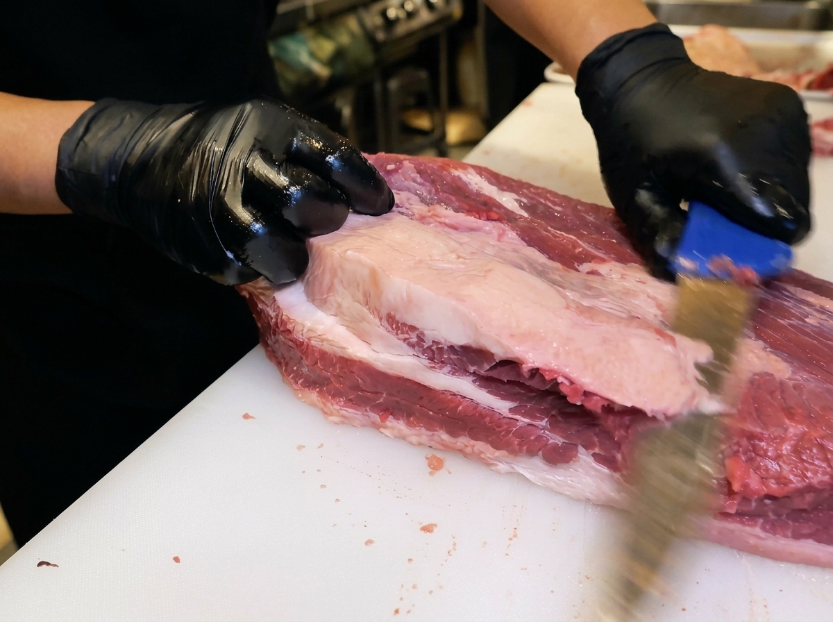 Manos con guantes usando un cuchillo para recortar la capa de grasa de una pieza grande de ternera cruda.