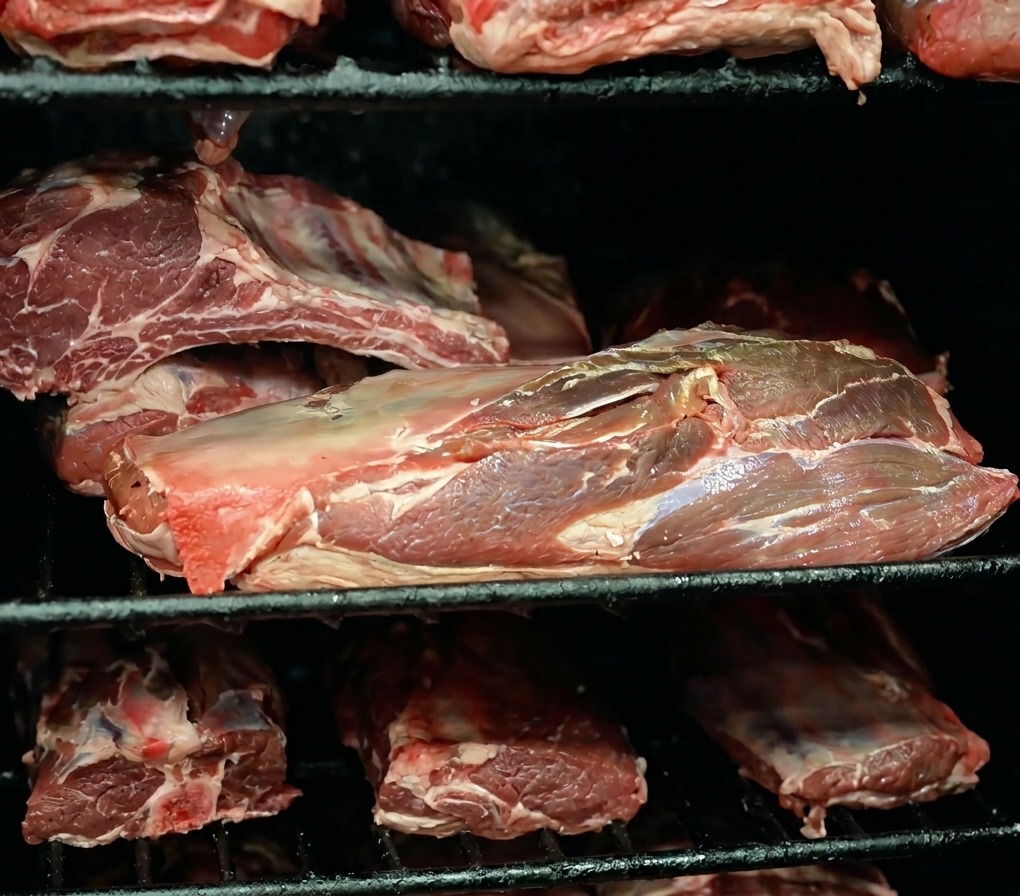 Cortes grandes de brisket y costillas crudas colocados en las rejillas metálicas dentro de un ahumador oscuro.