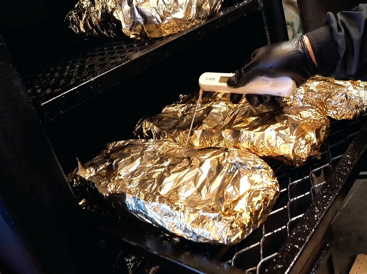Mano insertando una sonda de termómetro digital a través del papel de aluminio en la carne dentro del ahumador.
