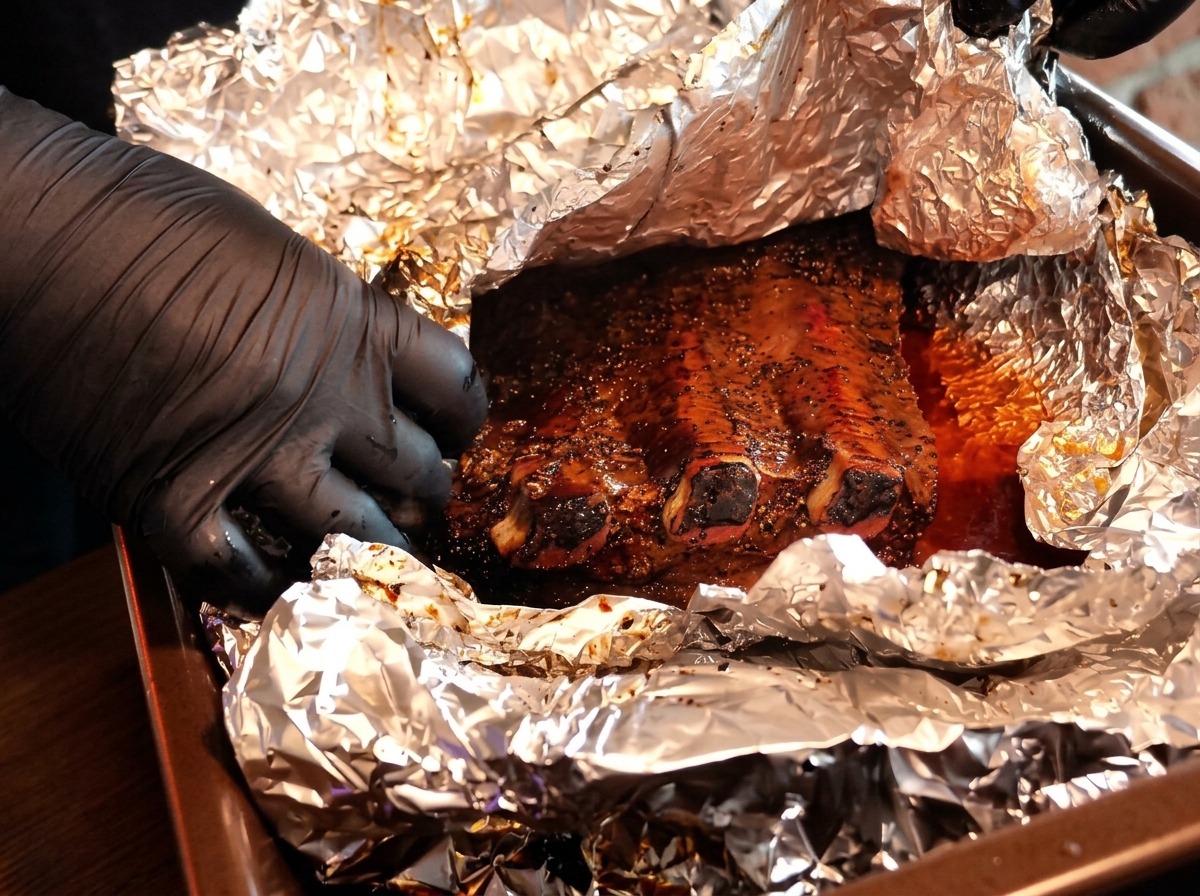 Manos abriendo el papel de aluminio para mostrar costillas de ternera con una costra oscura y rica.