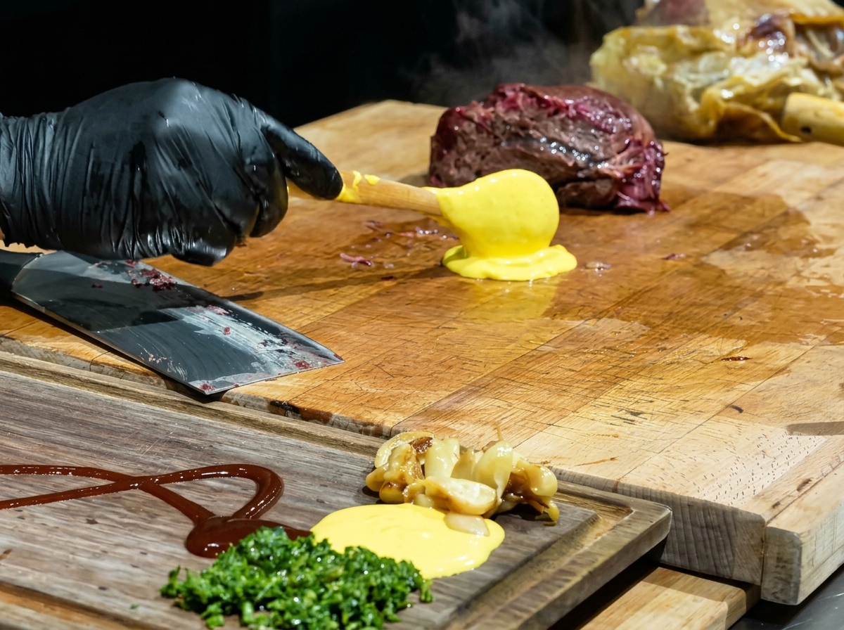 Persona extendiendo un círculo de queso amarillo fundido sobre una tabla de madera grande.