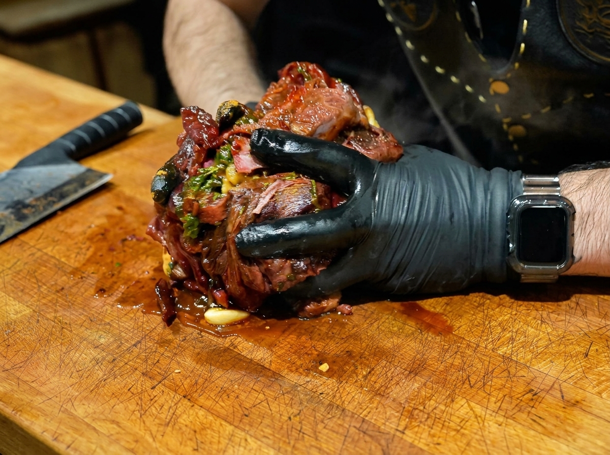 Dos manos con guantes negros apretando un montón de ternera desmechada mezclada con ajo y hierbas.