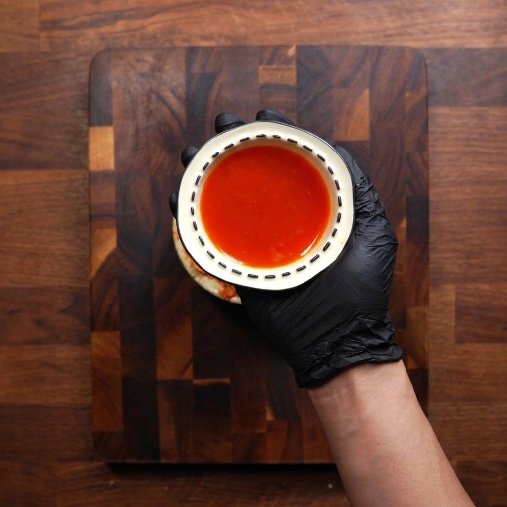 Una mano con un guante negro sosteniendo un pequeño tazón blanco lleno de jugo de kimchi rojo vibrante y opaco contra un fondo de madera oscura.