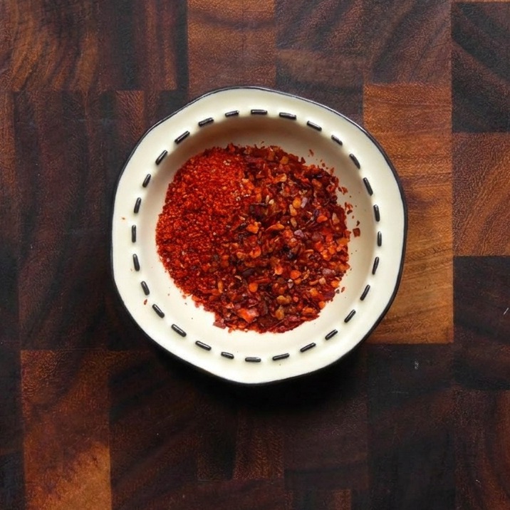 Un pequeño tazón blanco decorativo lleno de una mezcla de hojuelas de chile coreano rojo brillante finas y gruesas.
