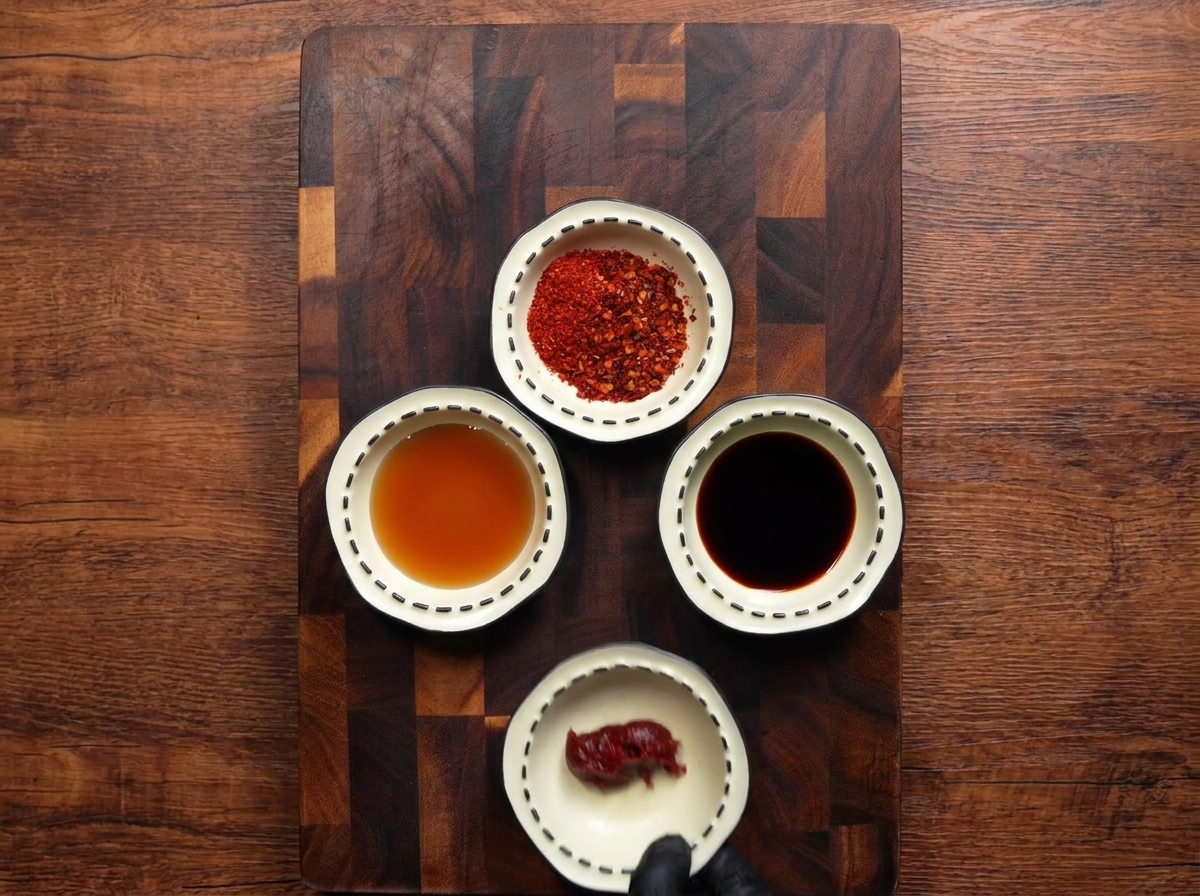 Vista superior de cuatro pequeños tazones que contienen hojuelas de chile, salsa de soja clara, salsa de pescado y una mano enguantada añadiendo una cucharada de pasta roja gochujang.