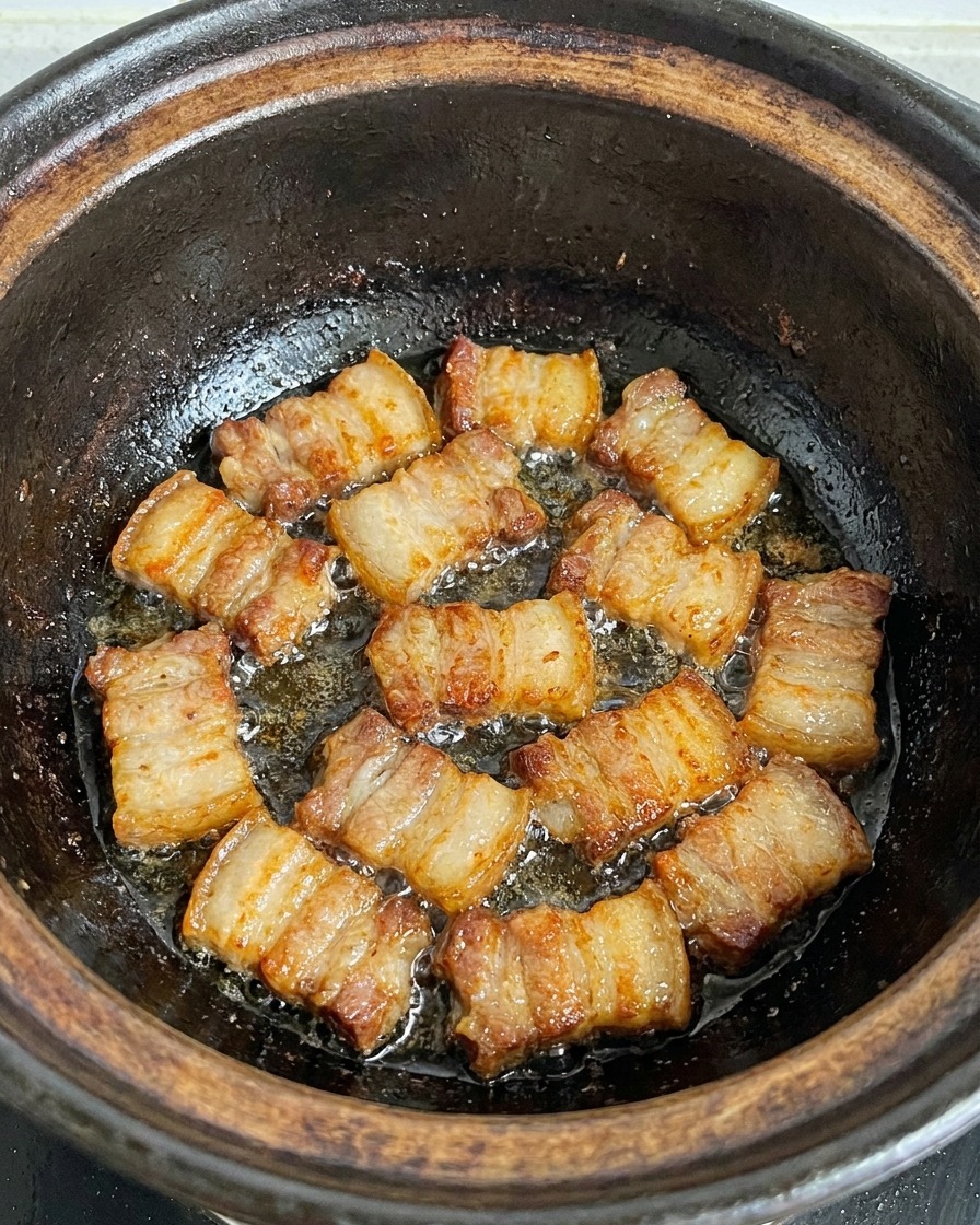 Rodajas de panceta de cerdo chisporroteando y dorándose en una olla de barro oscura, burbujeando en su propia grasa derretida.