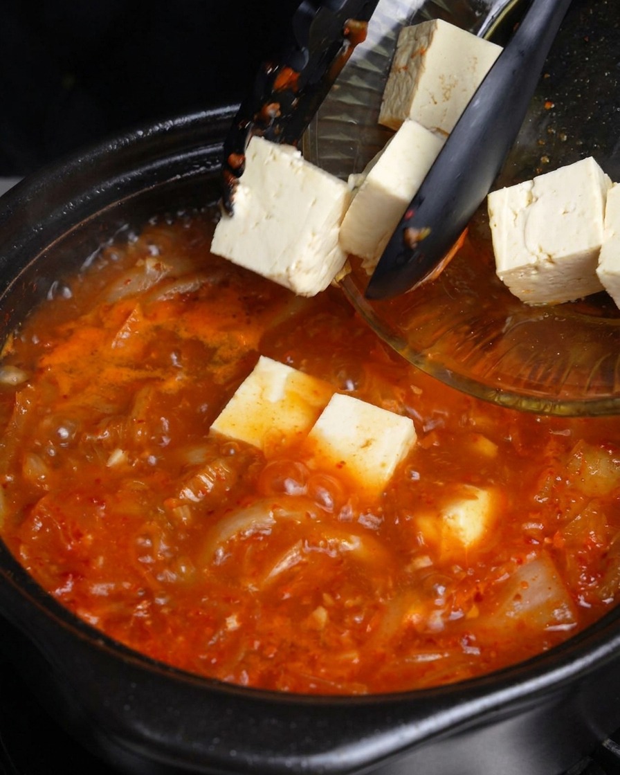 Deslizando cubos de tofu blanco fresco de un tazón de vidrio en una olla hirviendo de sopa de kimchi roja.