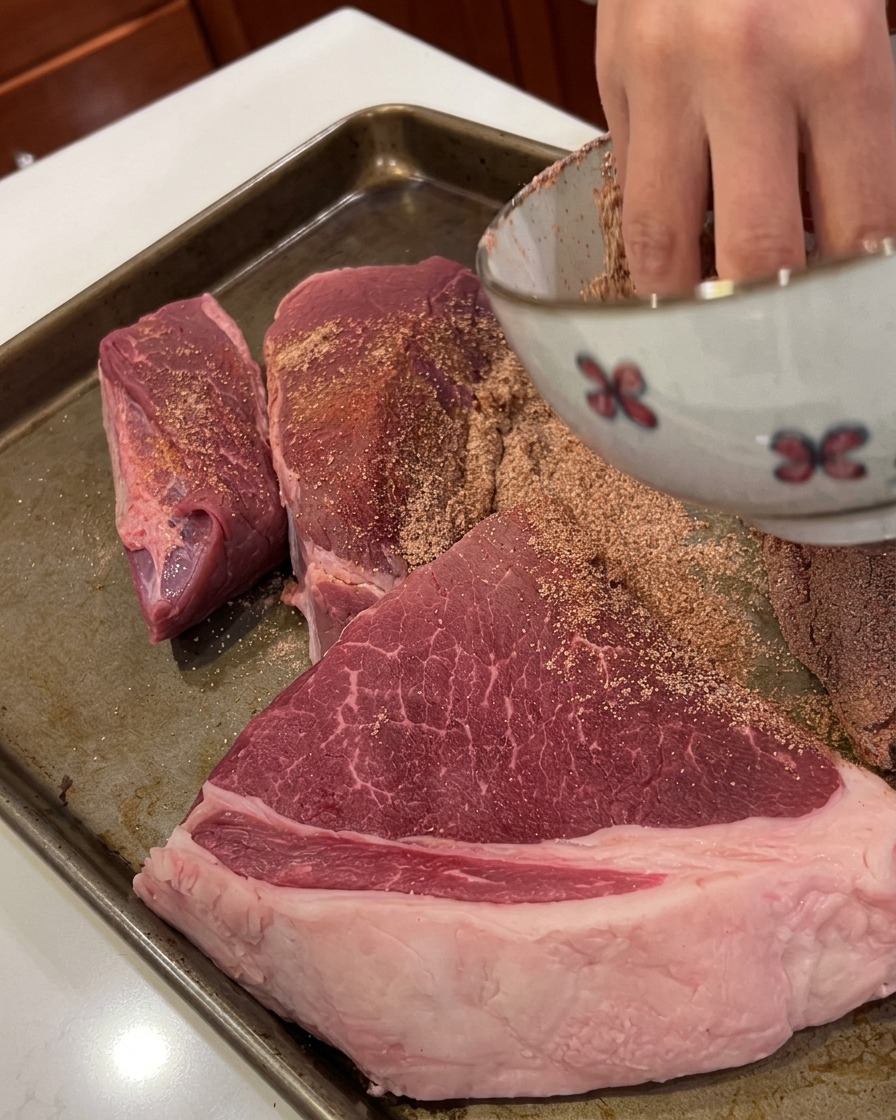 Una mano esparciendo una mezcla de especias secas sobre trozos grandes de carne cruda en una bandeja de horno.