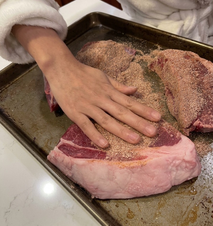 Una mano frotando firmemente la mezcla de especias en la superficie de los cortes de carne cruda.