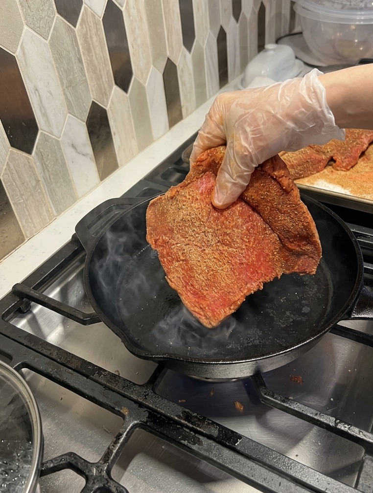 Una mano con guante colocando un trozo de carne sazonada en una sartén de hierro fundido muy caliente.