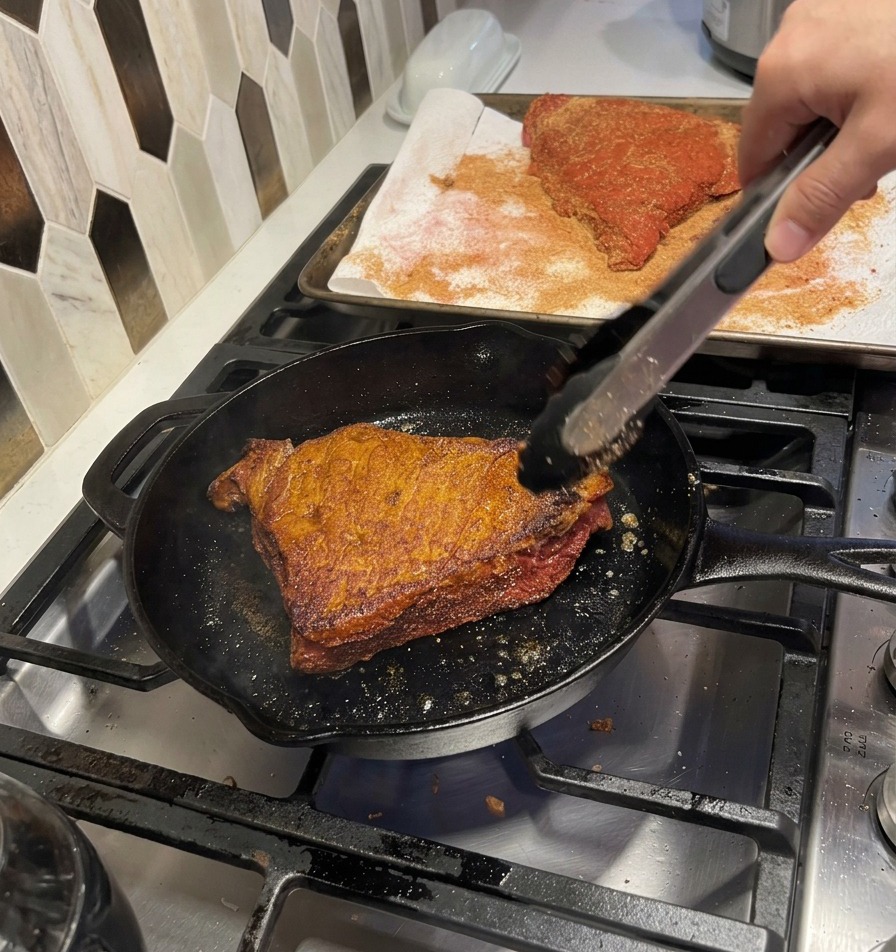Varios trozos de carne sazonada dorándose uniformemente en una sartén de hierro caliente.