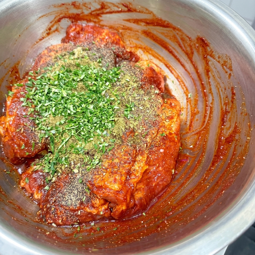 Cerdo crudo en un bol de metal cubierto con pimentón rojo, perejil verde picado y diversos condimentos secos.