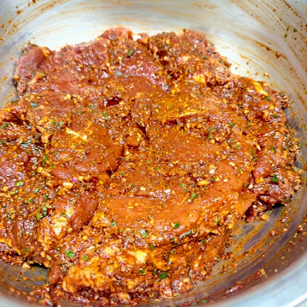 Trozos de cerdo completamente cubiertos con un adobo espeso, rojo y con motas de hierbas dentro de un bol.